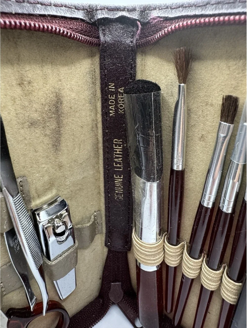 Vintage Brown Leather Travel Grooming Makeup Kit Mirror Brushes Korea Retro